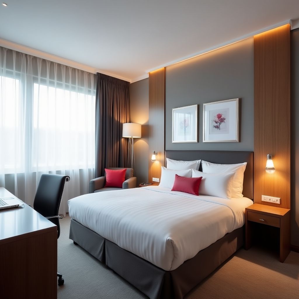 Modernes Businesshotelzimmer mit Arbeitsbereich