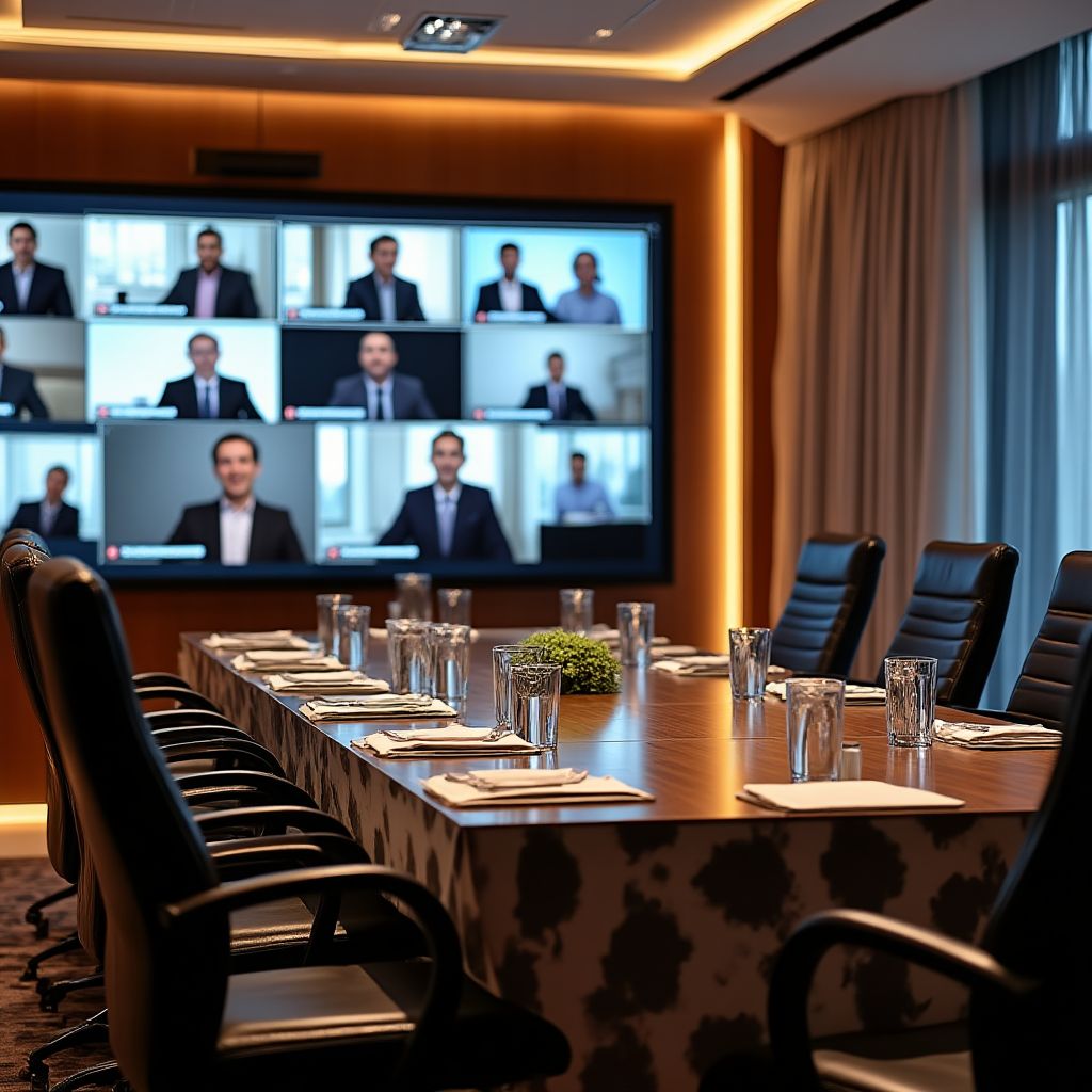 Hybrides Meeting in einem Hotelkonferenzraum